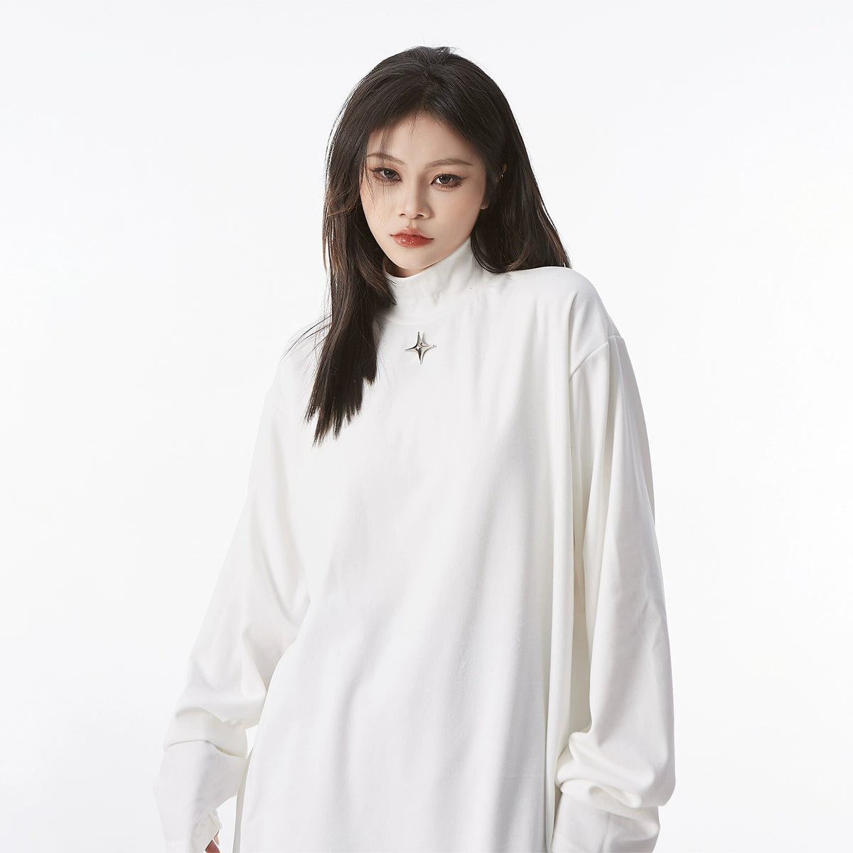 Metal Label Cotton Semi-High Neck Long Sleeve