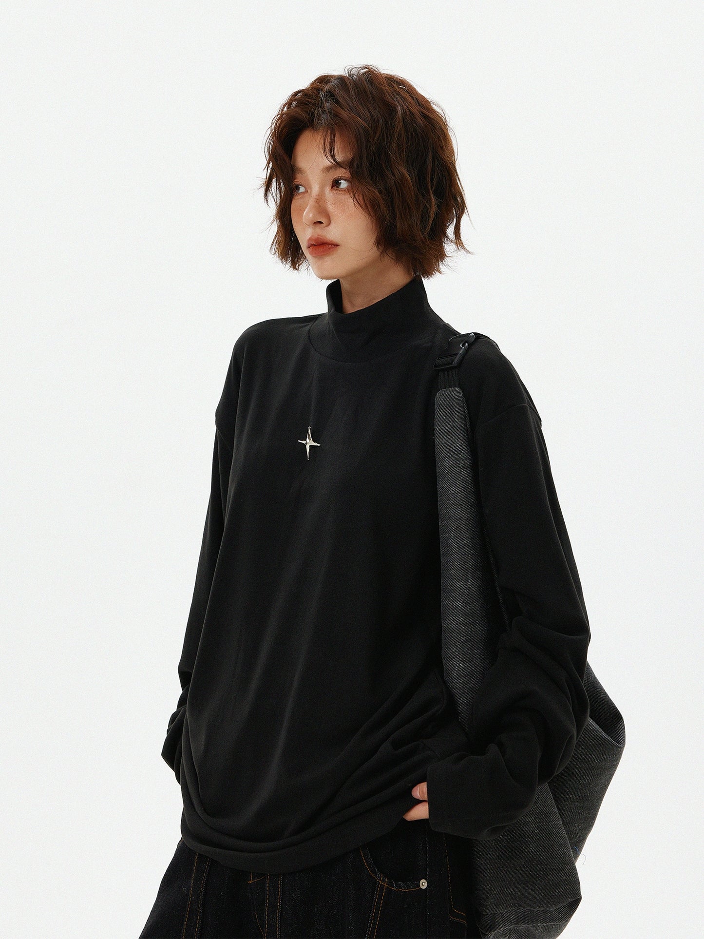 Metal Label Cotton Semi-High Neck Long Sleeve