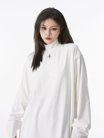 Metal Label Cotton Semi-High Neck Long Sleeve