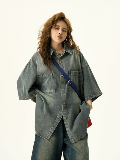 Retro Washed Denim Short Sleeve Shirt